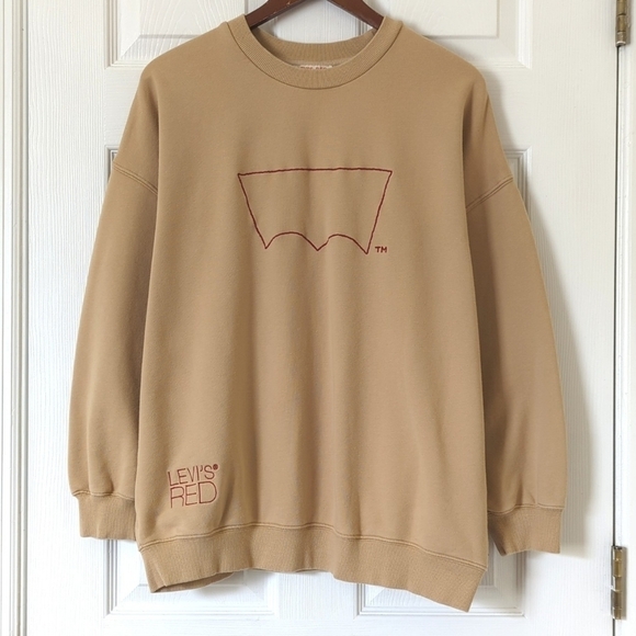 Levi's Red Embroidered Oversized French Terry Pullover Crewneck Sweatshirt Tan M - Picture 1 of 14